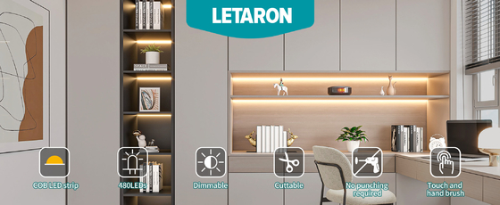 LETARON COB LED स्ट्रिप लाइट 24V LED टेप लाइट, 480 पीसी/एम एलईडी, सुपर ब्राइट हाई ल्यूमेन 3000K वार्म व्हाइट 3 मीटर, 3M टेप के साथ डिम करने योग्य, 30W UL पावर सप्लाई, बेडरूम, घर, किचन DIY के लिए PIR स्विच